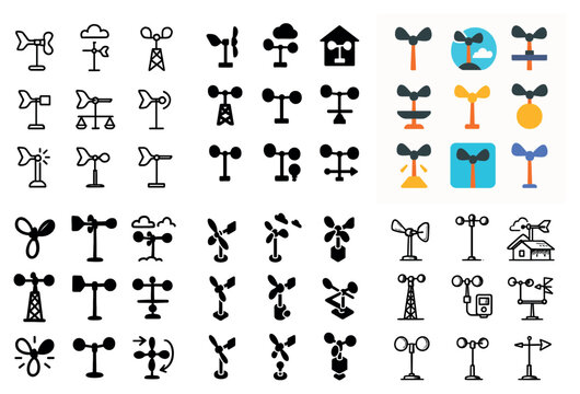 Wind icons with anemometer turbine fan outline flat