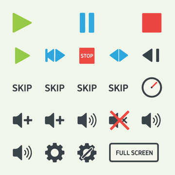 A set of media player controls with various shapes and text labels