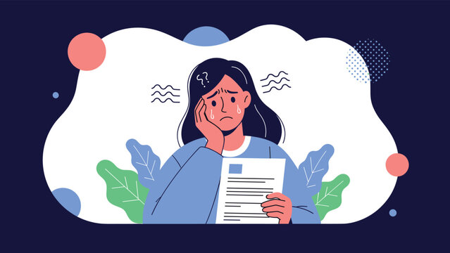 Young woman looking anxious and sweating while holding a document or bill, illustrating stress from work or financial problems in vector style.