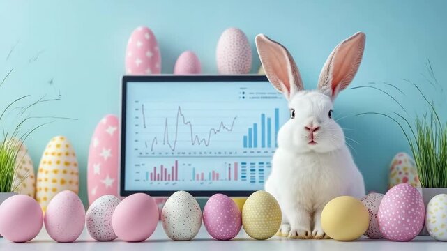 Easter bunny with painted eggs and graph screen in spring atmosphere. Easter, Pascha, Paskha, Ostern, Pascua, Paques - Orthodox and Catholic Holiday celebration