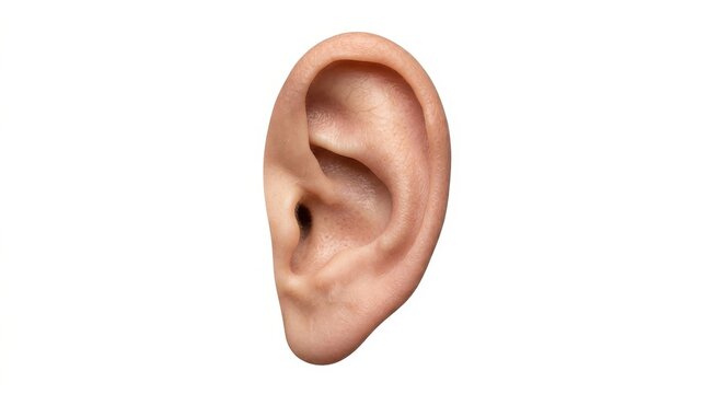 Close-up studio shot of a human ear against a clean white background, highlighting the intricate details and natural skin tones in a realistic style.