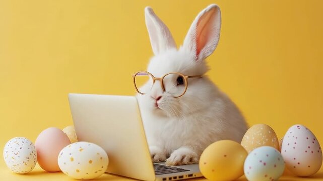 Cute white bunny with glasses typing on laptop surrounded by colorful easter eggs. Easter, Pascha, Paskha, Ostern, Pascua, Paques - Orthodox and Catholic Holiday celebration