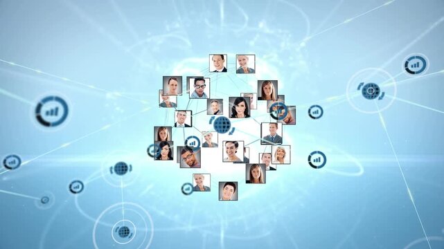 Animation of network of connections with icons and user photos over blue background