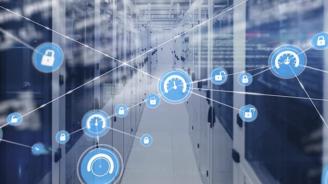 Animation of network of connections with icons over servers