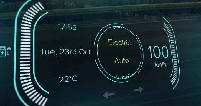 Animation of glitch over car computer with speed, time and data