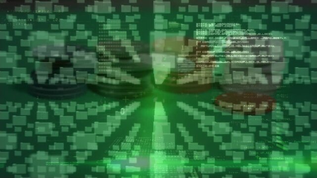 Animation of data processing over online security padlock, casino chips and binary coding