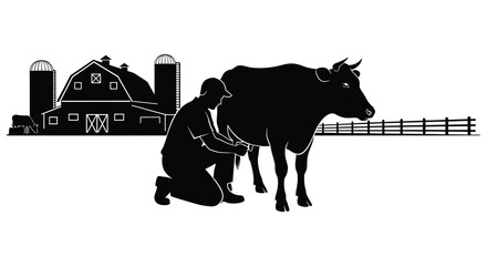 A black silhouette depicts a farmer tending to a cow on a rural farm with barns and fencing silhouette high quality © GDSneha02