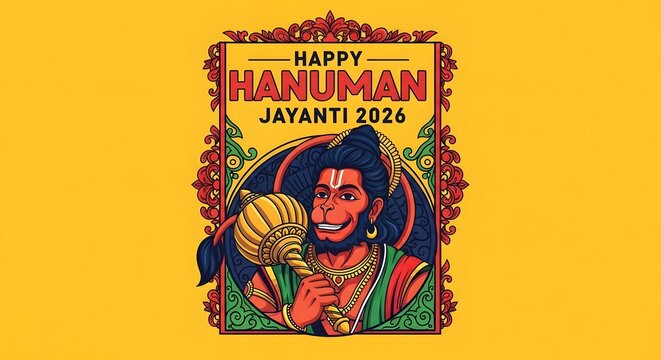 Happy hanuman jayanti 2026 greeting card design with lord hanuman holding gada illustration
