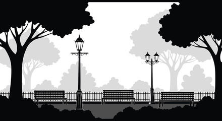 A serene park scene with trees benches and lampposts is depicted in a striking black silhouette high quality professional detailed modern © CreativeAkash099