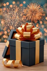Fototapeta premium Black gift box with golden ribbon and fireworks background for celebration and party moments