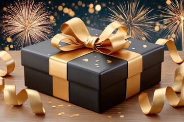 Naklejka premium Elegant black gift box with gold ribbon and bow against festive fireworks background