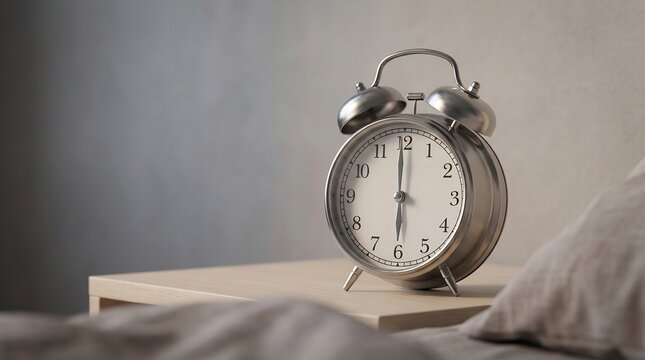 A classic alarm clock with two bells, displaying 6 a.m., suggesting an early start to the day