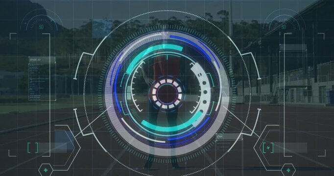 Animation of data processing over disabled african american male runner