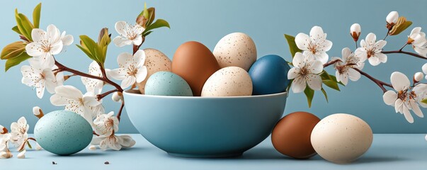 Naklejka premium Easter eggs in a blue bowl with white spring blossoms on a pastel background