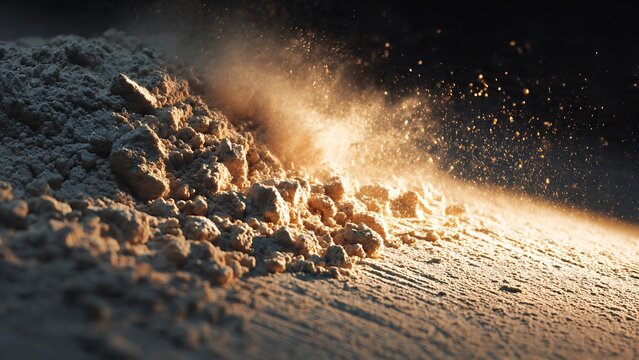 Crushed limestone powder in macro with dynamic dust particles and warm light ideal for construction and material texture concepts