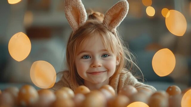 Young caucasian girl with bunny ears smiling among colorful easter eggs. Easter, Pascha, Paskha, Ostern, Pascua, Paques - Orthodox and Catholic Holiday celebration