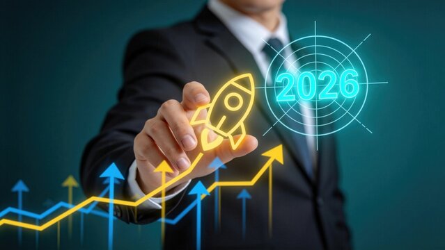 Business growth strategy concept with rocket launch icon and 2026 target,financial success planning investment development and rising profit chart visualization