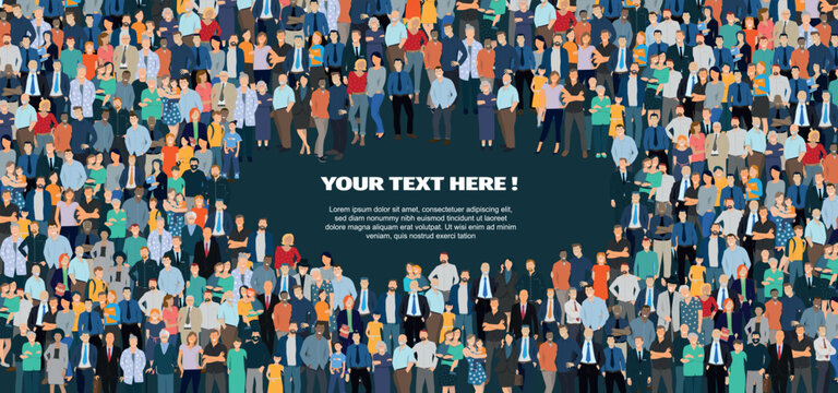 Une illustration moderne et color&eacute;e repr&eacute;sentant une foule diverse r&eacute;unie autour d&rsquo;un espace central, id&eacute;ale pour illustrer la communaut&eacute;, la diversit&eacute; et la communication visuelle