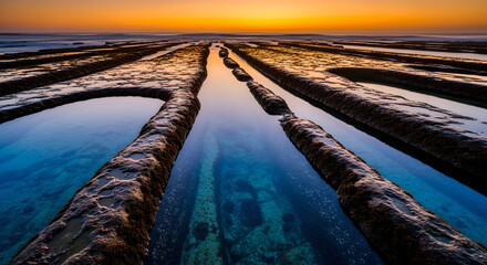 Obraz premium Sunset over tranquil salt pans reflecting vibrant sky, wide-angle landscape photograph from low foreground perspective