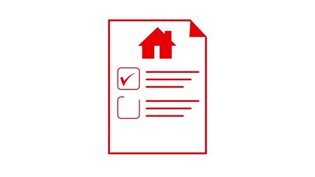 Simple red illustration of a house on a white document with a border
