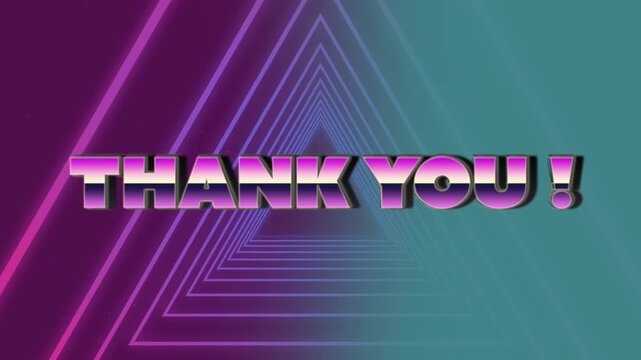 Animation of thank you pink text over tunnel of glowing triangles