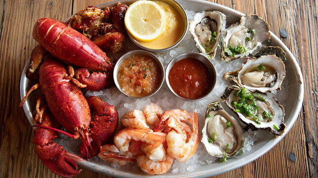 A platter of seafood including lobster shrimp oysters and sauces