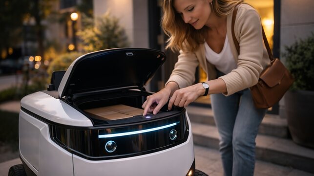 Robot delivering package. Autonomous delivery robot open cargo at doorstep. Woman unlocking robot to take package. Smart delivery robot with contactless service. Last mile delivery technology.