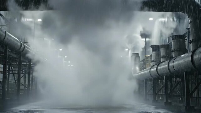 Two men arguing at industrial facility as sudden explosion, flare ignites behind, silhouettes near pipes, refinery structures, emergency situation caused by possible accident, system failure, sabotage