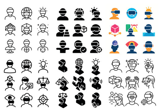 Virtual reality icons with headset globe avatar flat
