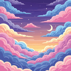 A pixelated dreamy night sky with puffy clouds and crescent moon © Itachi