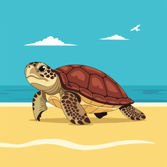 A turtle on the beach, with sea, clouds, and a flying bird © Jinbe