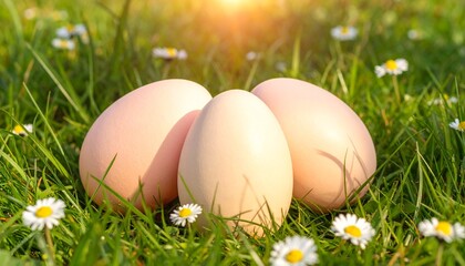 Fototapeta premium Three natural farm eggs lying in green grass with daisies under warm sunlight