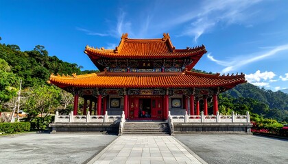 Fototapeta premium Ornate temple structure with red accents, set against a mountainous landscape