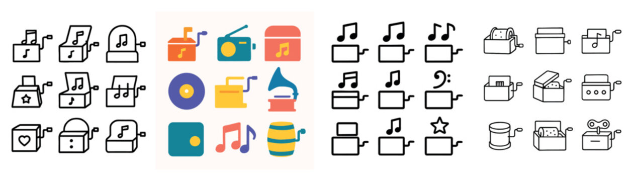 Music icons with box record gramophone colorful flat