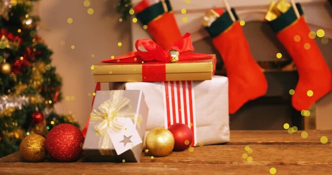 Animation of dots moving over presents and christmas tree