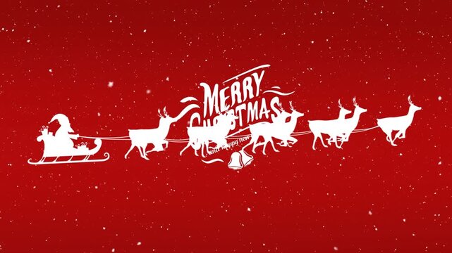 Animation of christmas greetings text and santa claus in sleigh with reindeer on red background