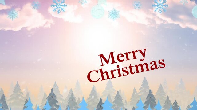 Animation of merry christmas text banner ang hanging decorations against winter landscape