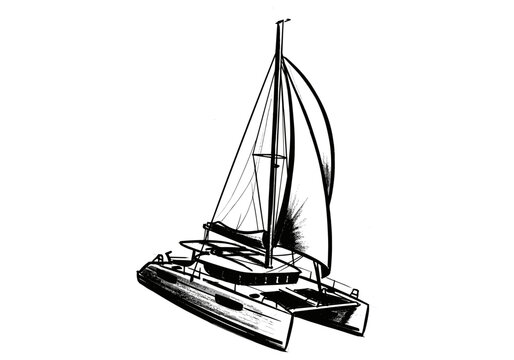 Hand-drawn sketch of a modern catamaran sailboat with full sails on a white background