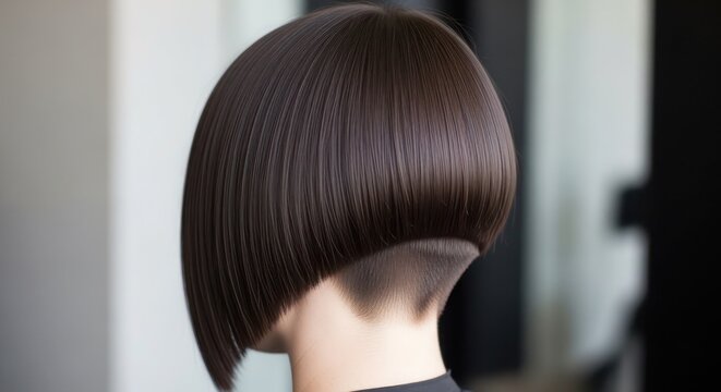 Woman showcases a sophisticated dark bob haircut featuring a clean nape undercut that demonstrates high-quality grooming standards and contemporary aesthetic trends for modern hair styling services.