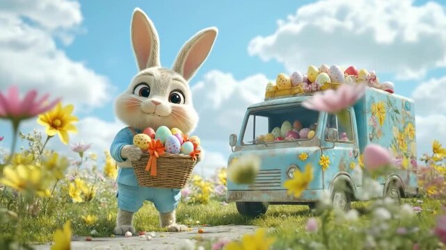Cheerful cartoon bunny holding easter eggs with festive truck in flower meadow. Easter, Pascha, Paskha, Ostern, Pascua, Paques - Orthodox and Catholic Holiday celebration