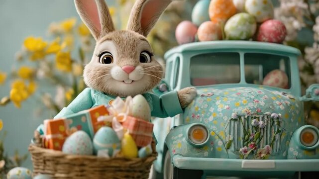 Adorable bunny holding easter basket with eggs near vintage truck in spring setting. Easter, Pascha, Paskha, Ostern, Pascua, Paques - Orthodox and Catholic Holiday celebration