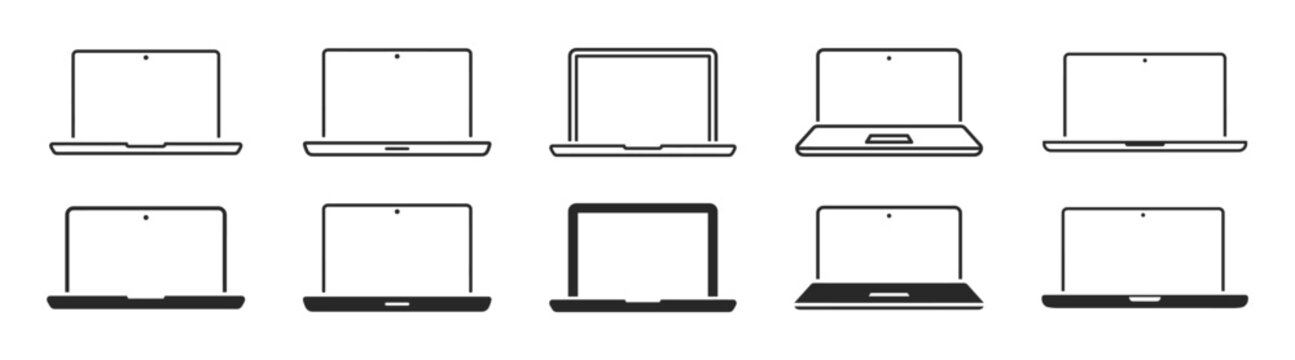 Laptop icon set, different styles, notebook computer collection, flat and line icons, modern laptop symbols on transparent background