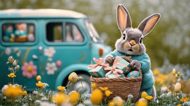 Adorable bunny holding gift basket in flower field with vintage van. Easter, Pascha, Paskha, Ostern, Pascua, Paques - Orthodox and Catholic Holiday celebration