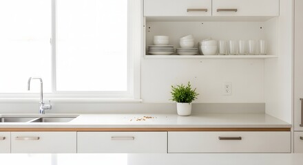 Fototapeta premium Minimal white kitchen countertop with dishes and small crumbs