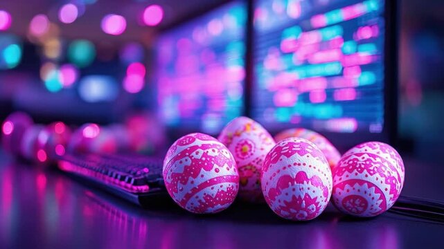 Vibrant neon easter eggs on colorful gaming keyboard with blurred leds. Easter, Pascha, Paskha, Ostern, Pascua, Paques - Orthodox and Catholic Holiday celebration