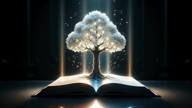 Magical Book Opens Revealing Glowing Tree of Knowledge.