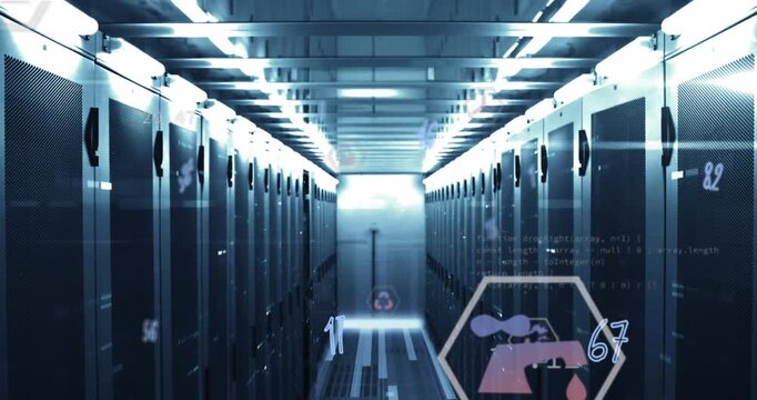 Animation of data processing with hexagons and icons over server room