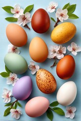 Naklejka premium Easter pastel eggs with cherry blossom branches arranged on a light blue background for spring decor