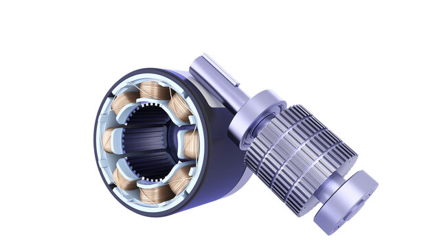Industrial Stepper Motor Model. AC Servo motor. Synchronous Electric Motor Rotor and Stator. High-quality 3D rendering isolated on white background. Ideal for educational, engineering design