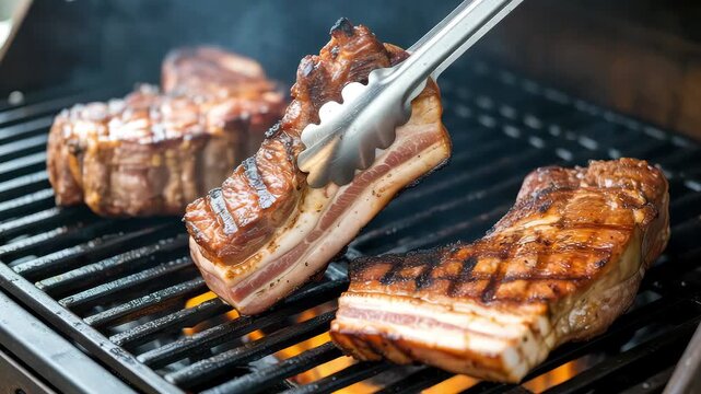 Grilled steak with bacon wrapped on a barbecue grill being flipped with tongs close up shot